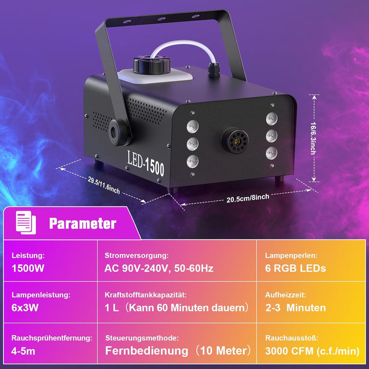 UKing 1500W Nebelmaschine 6 RGB LED,Partylicht Rauchmaschine mit Fernbedienung und 1L Tank,Hohes Neb