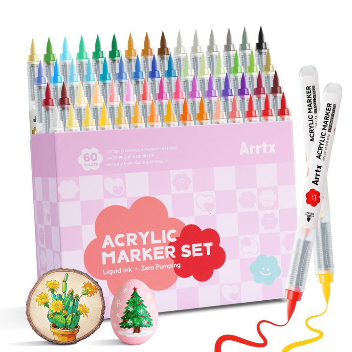 Arrtx Acrylstifte für Steine Wasserfest, 60 Farben Acrylstift Pinsel Spitze, Acryl-Marker, Schnelltr