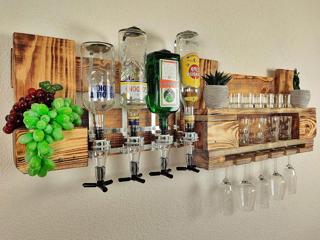 Whisky-Regal Wandbar mit Getränkespender 4 Dosierer Whiskey-Bar Weinregal aus Palette 4 Whiskeygläse