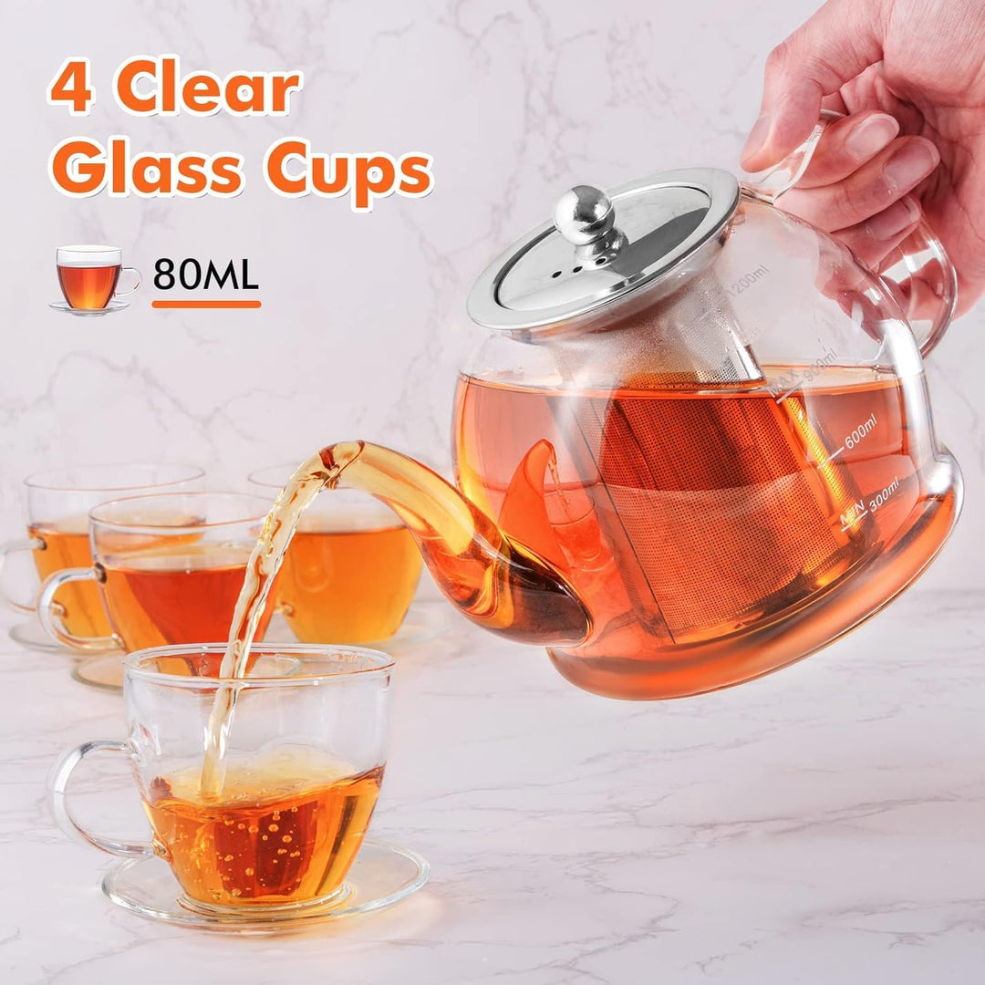 1200ML Teekanne Glas Set, Teeservice 4 Gläser, Borosilikatglas Glasteekanne mit Siebeinsatz, Tee-Ei