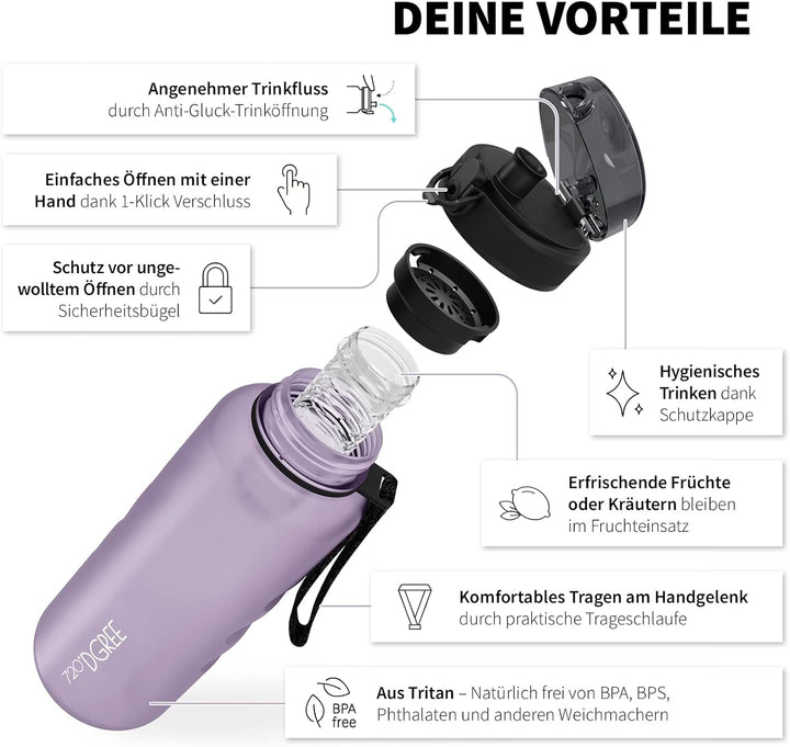 720°DGREE Trinkflasche “uberBottle“ 350ml, 500ml, 650ml, 1l softTouch +Früchtebehälter - Auslaufsich