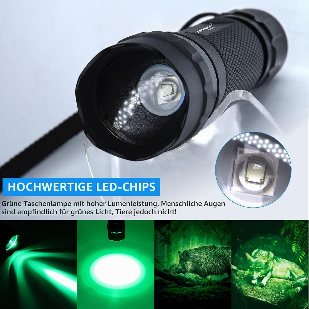 DARKBEAM Grünes licht Taschenlampe LED Aufladbar USB, hohe Lumen Zoomable Grüne Taschenlampen Tragba