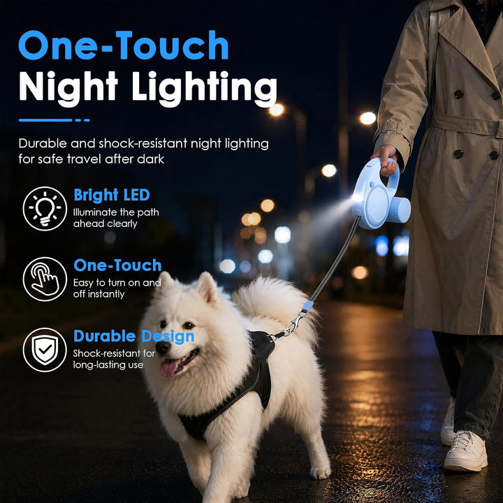 Hundeleine 5m, Ausziehbare Rollleine für Hunde mit LED-Licht und Kotbeutelhalter, 360° Verknotungsfr