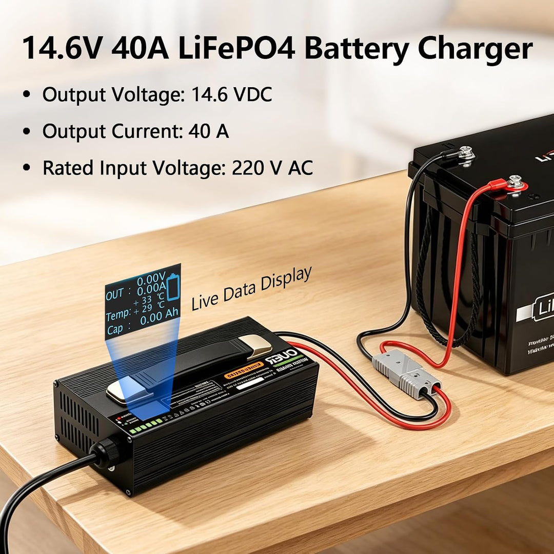 LiFePO4 Ladegerät 14,6V 40A für 4S 12V LiFePO4 Batterie, AC-DC, Smart 4 Stufen Laden mit Kühlventila