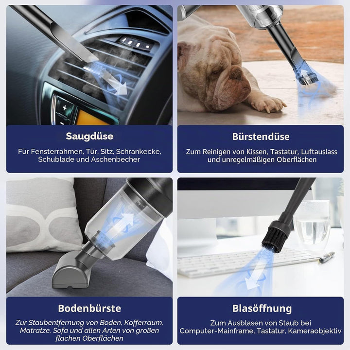 Handstaubsauger Akku 9000Pa,3 in 1 Auto Staubsauger Stark Akkustaubsauger mit Typ-C 4000mAh Batterie