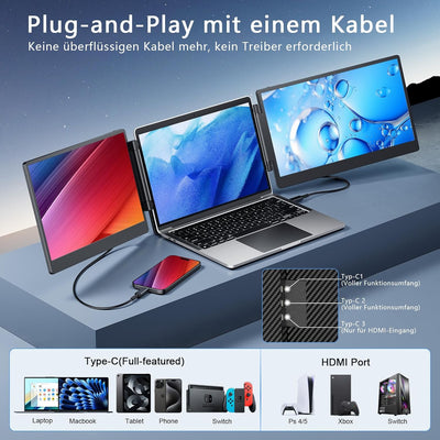 Tragbarer Monitor für Laptop, 14’’ Triple Laptop Screen Extender, FHD 1080p Portable Monitor Bildsch