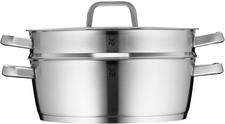 WMF Iconic Bräter mit Dampfgareinsatz 28cm, Schmortopf Induktion 5,7l, Kochtopf gross, Cromargan Ede