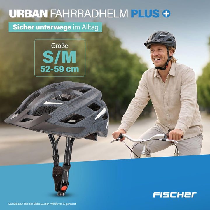 Fischer Erwachsene Fahrradhelm, Radhelm, Cityhelm Urban Plus, S/M oder L/XL, mit integriertem LED-Rü