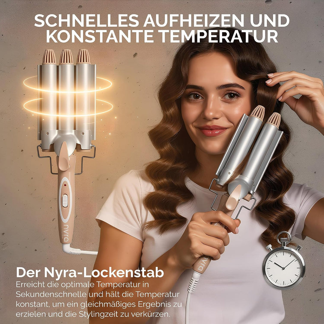 Nyra Lockenstab Home 3 Röhren, professioneller Lockenstab mit grossen Wellen, 2 Temperaturen (170 °C