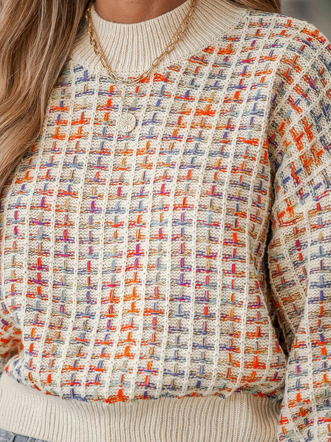 CUPSHE Damen Strickpullover Rundhals Puffärmel Melange Optik Grobstrick Pulli Oberteile Crop Tops Kn