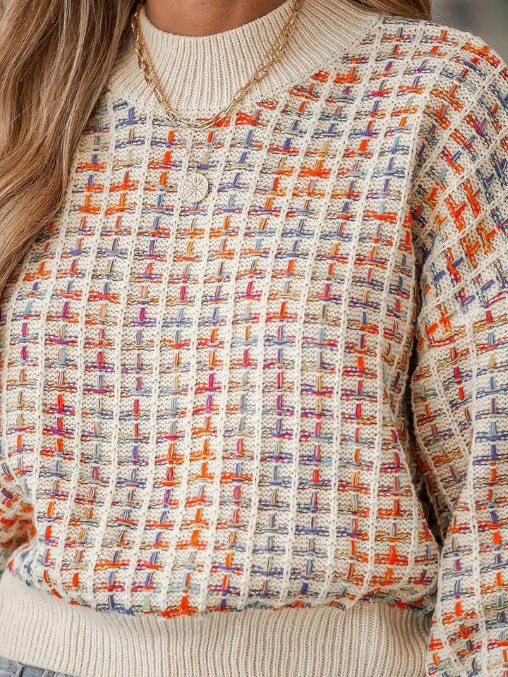 CUPSHE Damen Strickpullover Rundhals Puffärmel Melange Optik Grobstrick Pulli Oberteile Crop Tops Kn