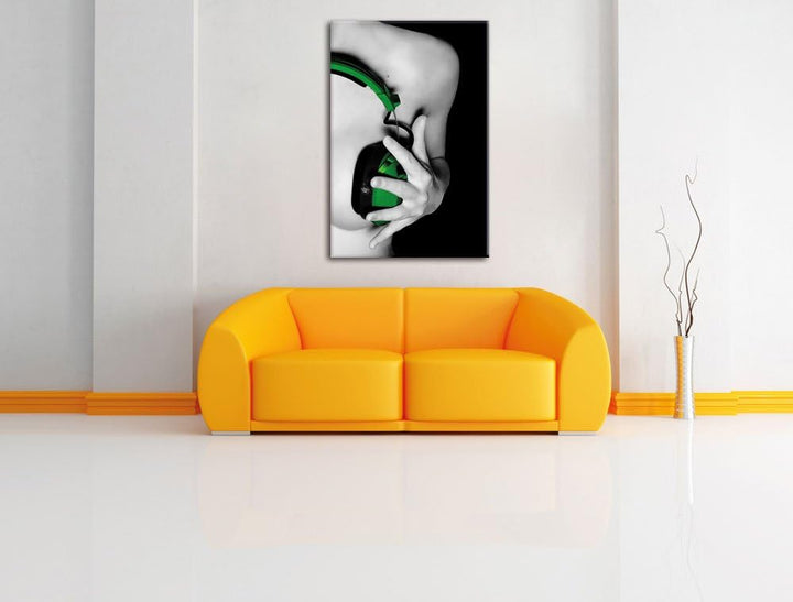 Dark Sexy Girl grüne Kopfhörer als Leinwandbild/Grösse: 100x70 cm/Wandbild/Kunstdruck/fertig bespann