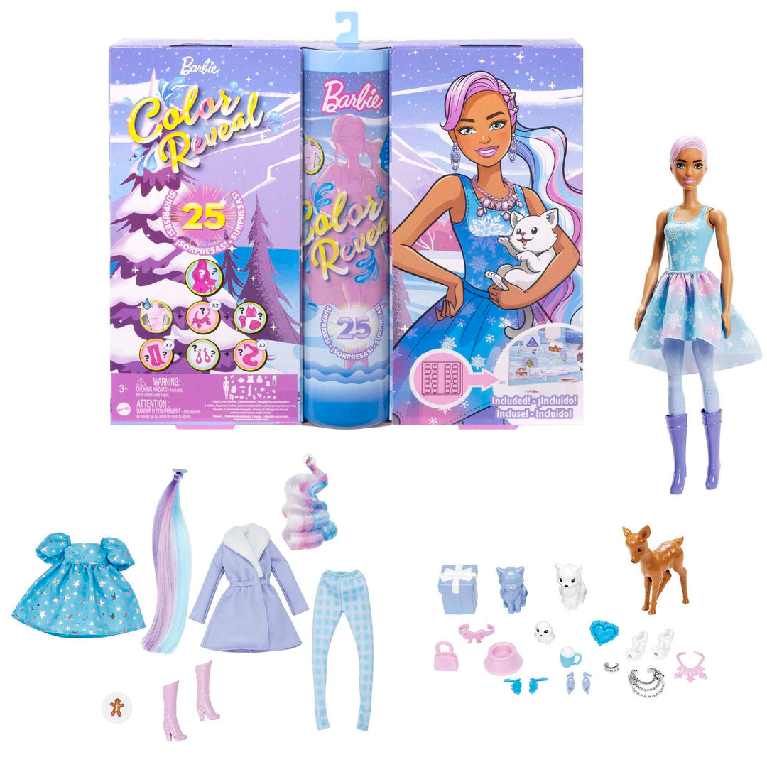 Barbie HJD60 - Color Reveal-Adventskalender, 1 Color Reveal-Puppe und 3 Tiere, Kleidung, Accessoires