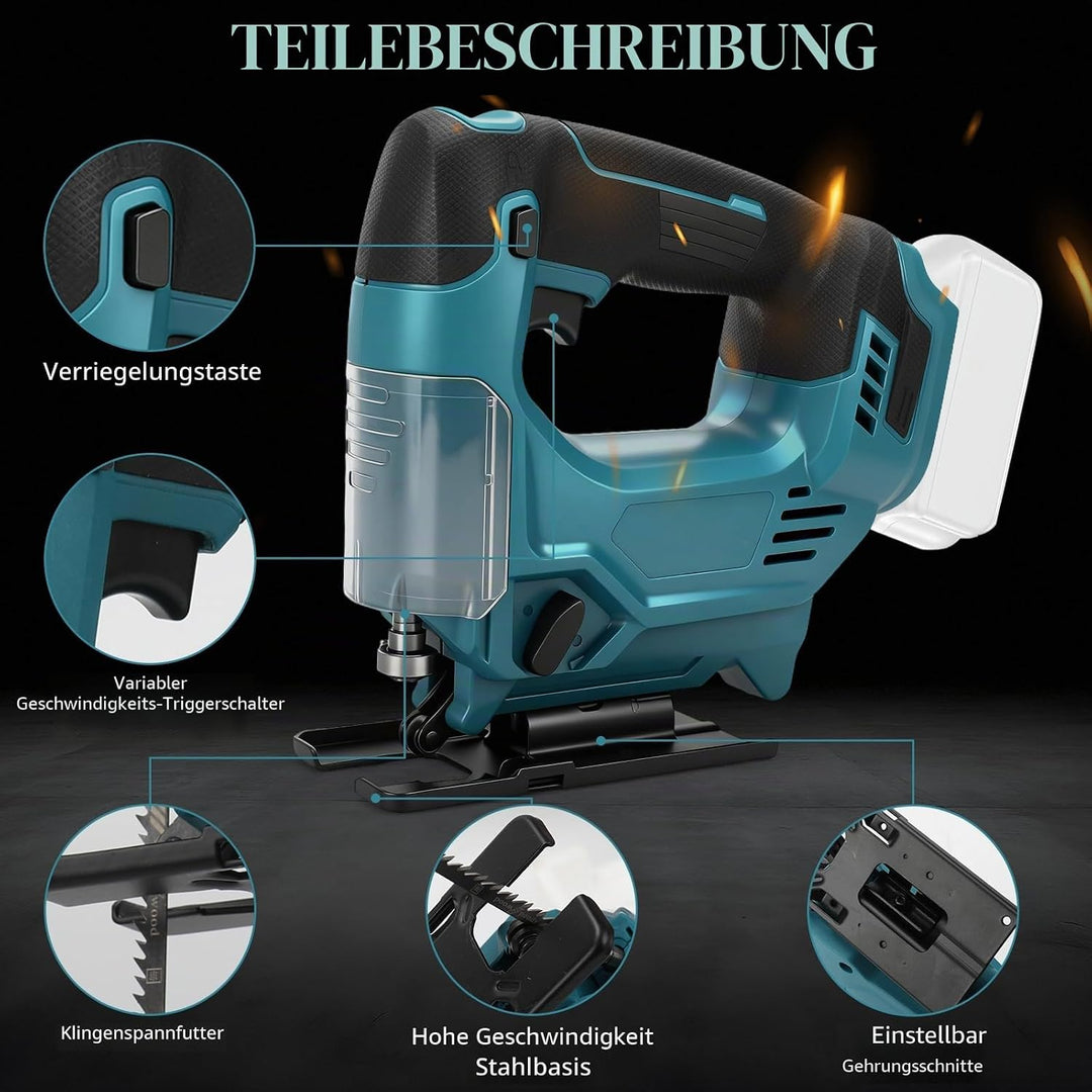Stichsäge Kompatibel mit Makita 18V Akkus, Bürstenlose Pendelhub Stichsäge, 26 mm Hubhöhe 45° Schräg