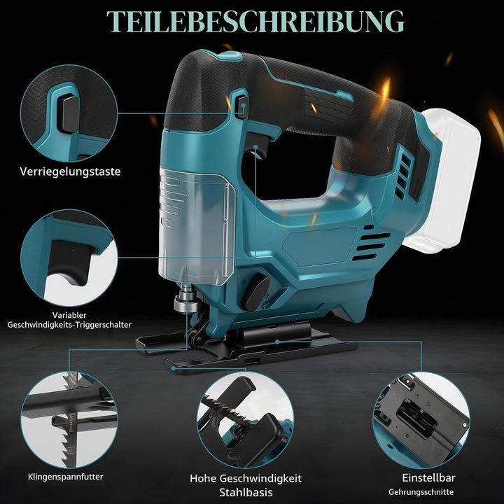 Stichsäge Kompatibel mit Makita 18V Akkus, Bürstenlose Pendelhub Stichsäge, 26 mm Hubhöhe 45° Schräg