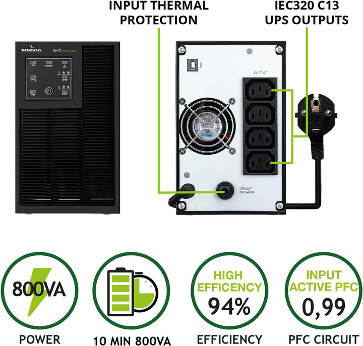 Tecnoware Power Systems – EVO DSP Plus 800, USV 230V, 94% Effizienz, Online-Technologie VFI, Mikropr