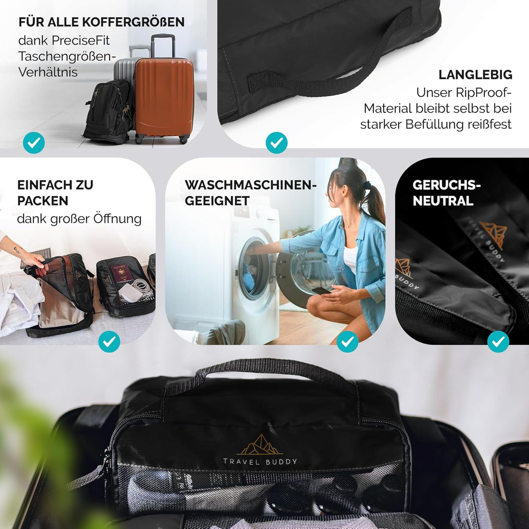 TRAVEL BUDDY® Koffer Organizer Set - 100% Recycling Material - Ultra leicht & waschbar - 6 Packtasch