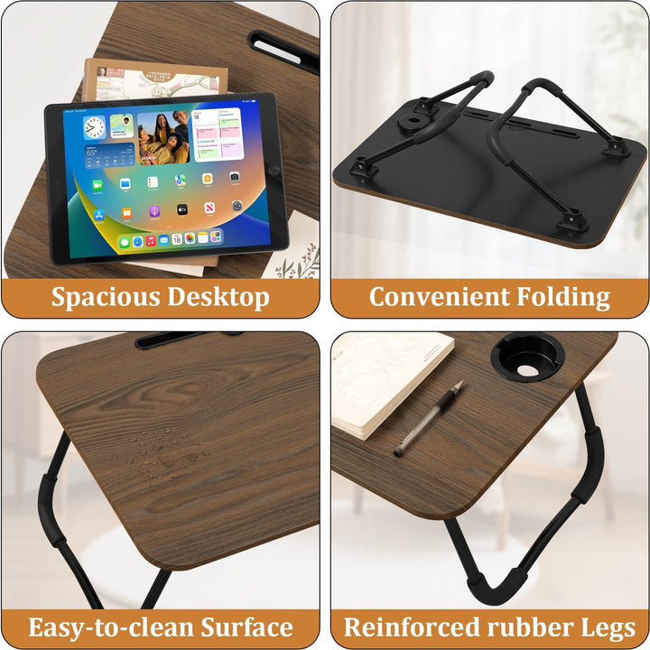 Klappbarer Laptop-Tisch Tragbarer Betttisch aus Holz mit Tassenhalter und Tablet-Steckplatz Klappbar