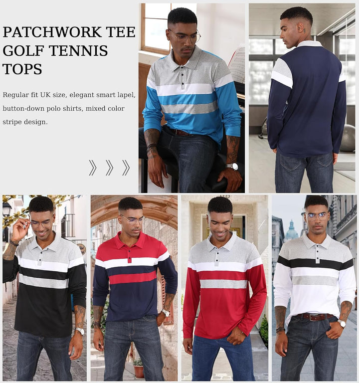 CTU Herren Polohemden Langarm Kontrastfarbiges Hemd Patchwork Hemd Golf Tennis Oberteile 3XL Rot, 3X