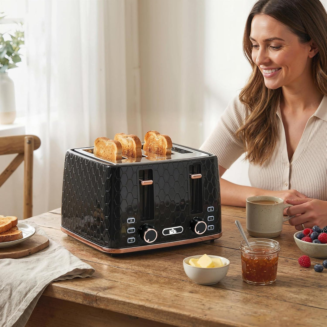 HOMCOM Toaster 4 Scheiben mit 7 Bräunungsstufen, Edelstahl mit Brötchenaufsatz, Auftaufunktion, Aufw