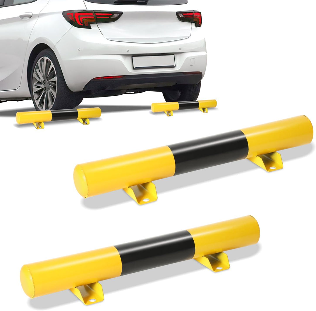 Fiqops Radstopper 2 x Metall Stahlrohr-Parkstopper Parkplatzbegrenzung, Schwarz-Gelb mit Reflexionss