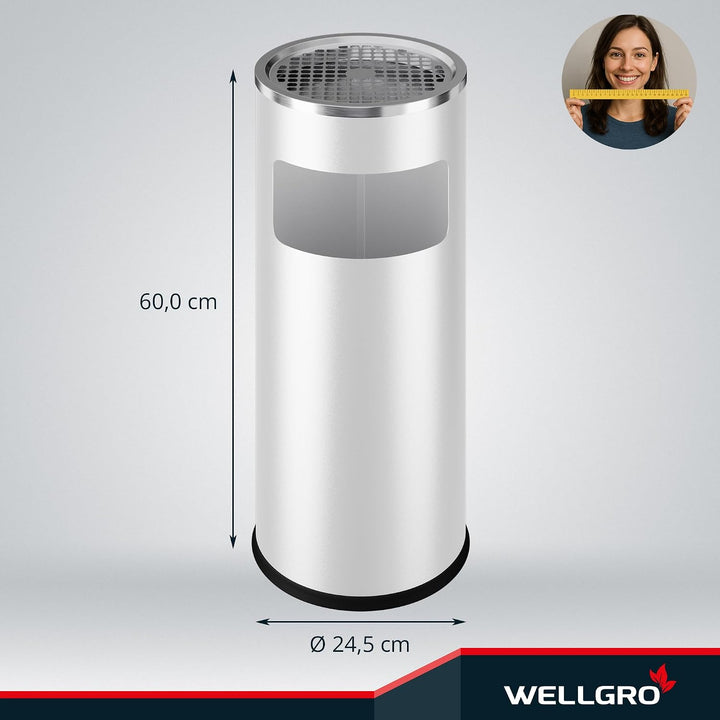 WELLGRO 2 in 1 Standaschenbecher Edelstahl für draussen – Wetterfester Standascher weiss mit Mülleim
