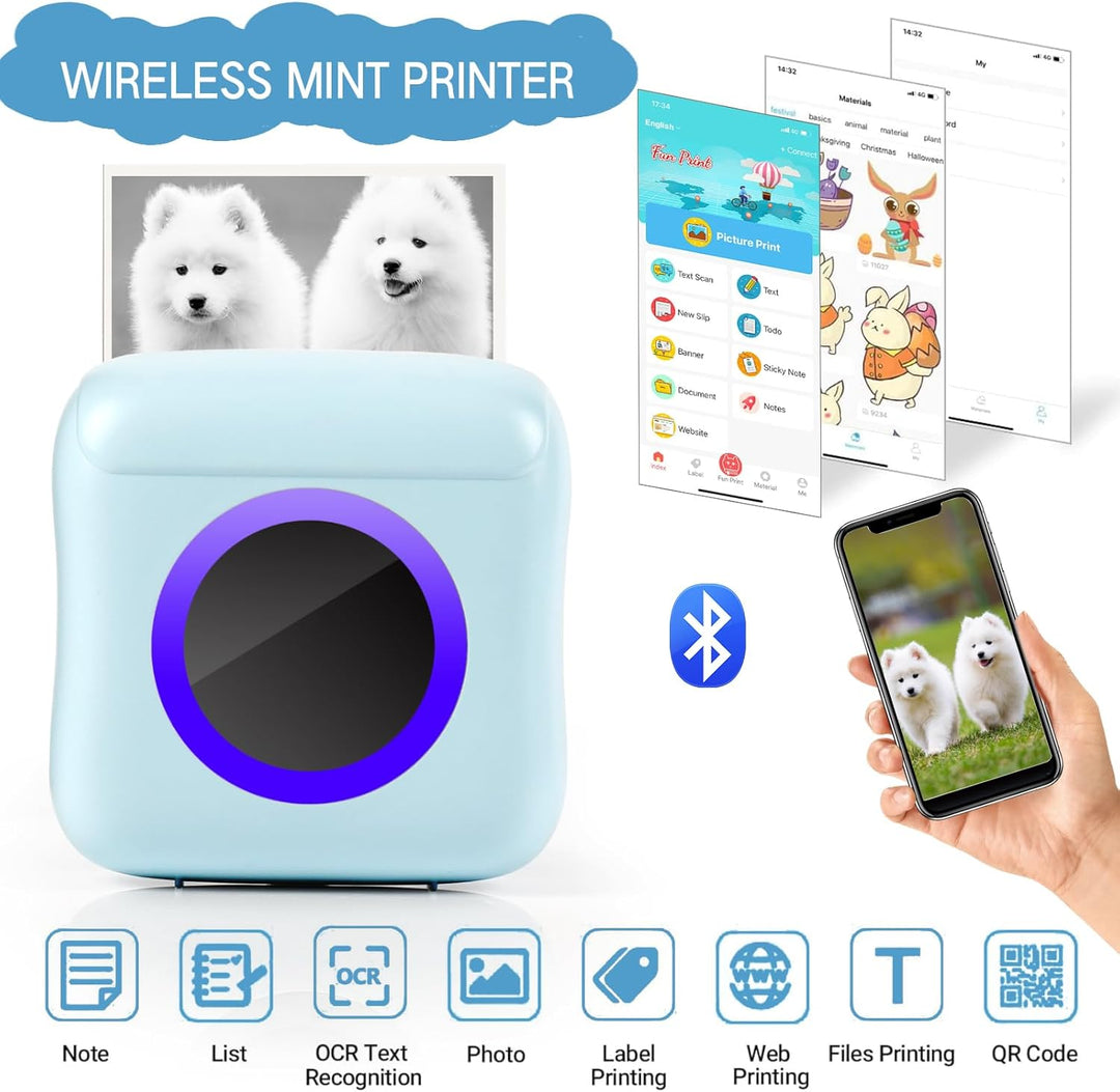 GuKKK Mini Drucker, Mobiler Fotodrucker, Tragbarer Mini Fotodrucker, Wireless Thermodrucker mit 11 R