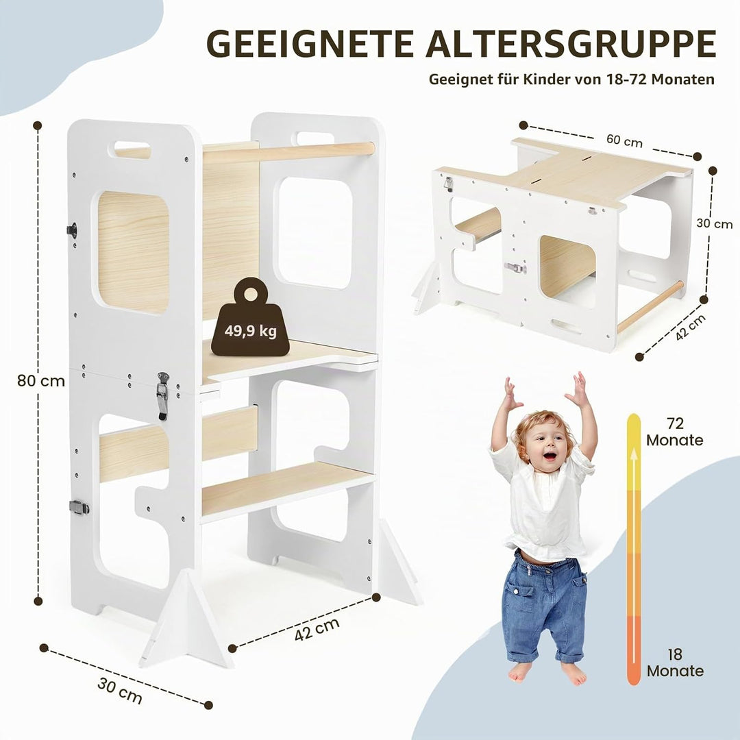 Labebe Lernturm ab 1 Jahr, Montessori Learning Tower mit Tafel, 3 in 1 Multifunktion Lernturm Klappb
