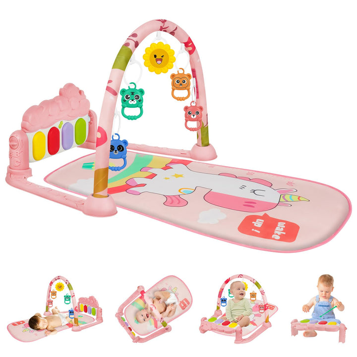 AOMIG Piano-Gym Spieldecke, Krabbeldecke mit Musik und Lichtern, Spielmatte mit Spielbogen abnehmbar