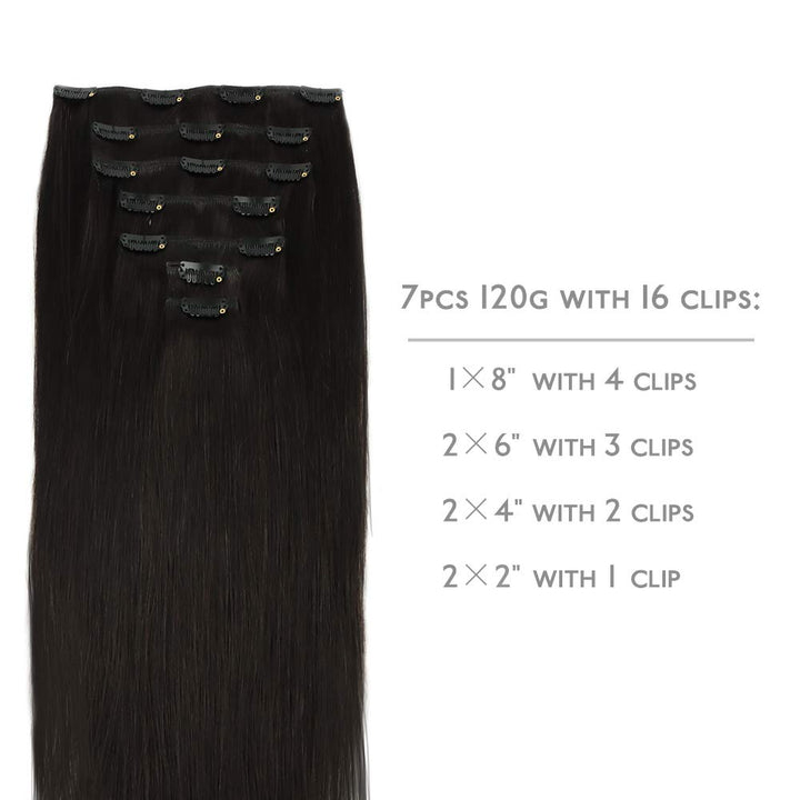 WENNALIFE Clip in Extensions Echthaar, 45cm 18 Zoll 120g 7pcs Natürliches Schwarz Hair Extensions Cl