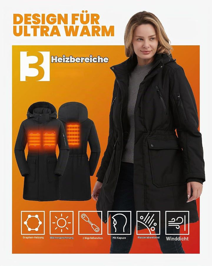HEWINZE Beheizter Puffermantel mit Kapuze für Damen – Elektrische Dual-Control-Heizjacke mit 7,4-V-A