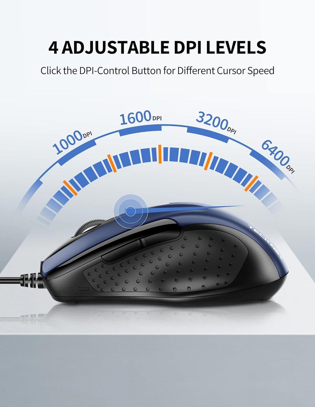 TECKNET Maus mit Kabel, Optical Business Mouse Verdrahtete Ergonomische Maus mit 6 Tasten, 2 Verstel