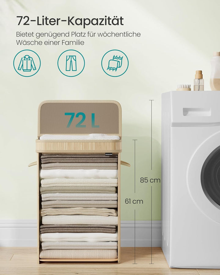 SONGMICS Wäschekorb mit Deckel, Wäschesammler Bambus, Wäschesack herausnehmbar und maschinenwaschbar