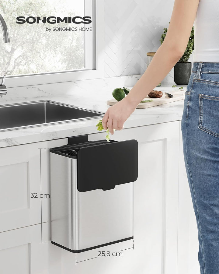 SONGMICS Mülleimer hängend, 8 L Komposteimer Küche, Stahl-Abfalleimer mit Deckel für Biomüll, mit Ha