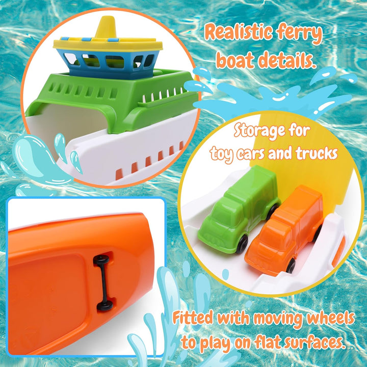 Toyland® 39cm (15 Zoll) Buntes Fährboot mit Beweglichen Rampen und 4 Mini-Autos – Schwimmendes Wasse