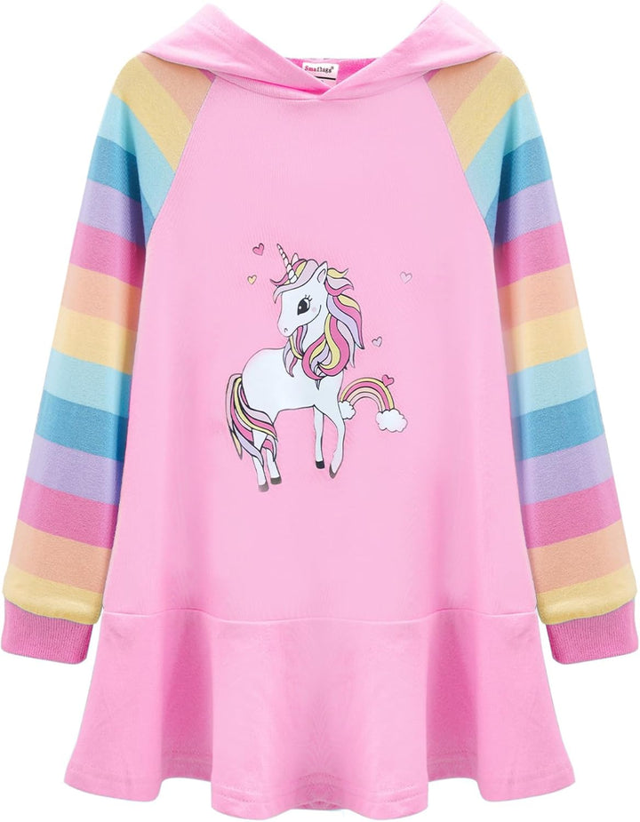 TiaoBug Mädchen Kapuzenpullover Langarm Sweatkleid mit Kapuze Einhörner Aufdruck Hoodie Cartoon Top