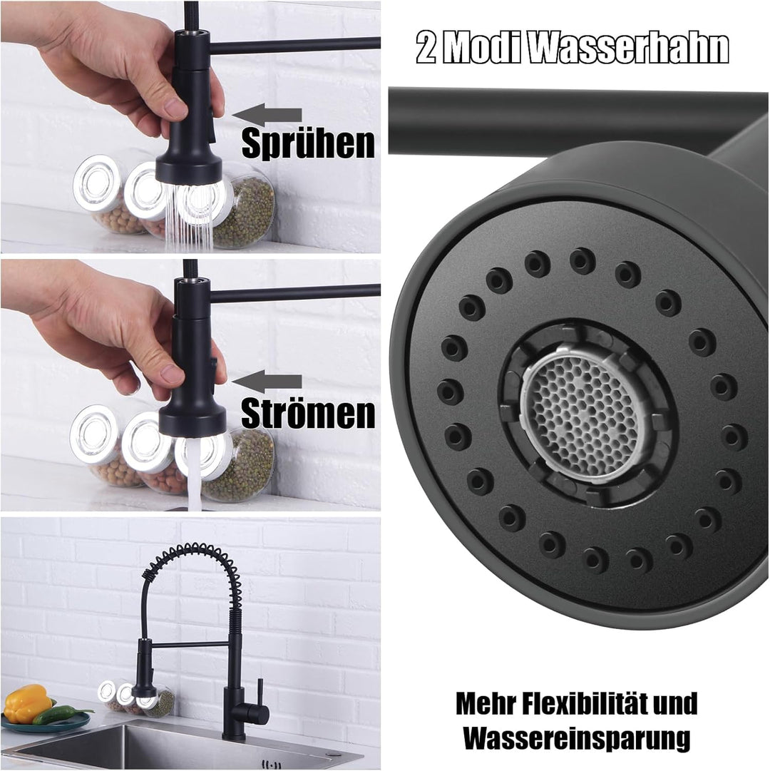 Wasserhahn Küche Schwarz, Hochdruck Küchenarmatur mit Brause Ausziehbar, Hoher Bogen Mischbatterie K