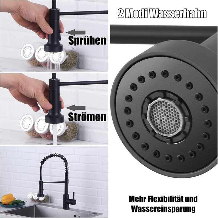 Wasserhahn Küche Schwarz, Hochdruck Küchenarmatur mit Brause Ausziehbar, Hoher Bogen Mischbatterie K