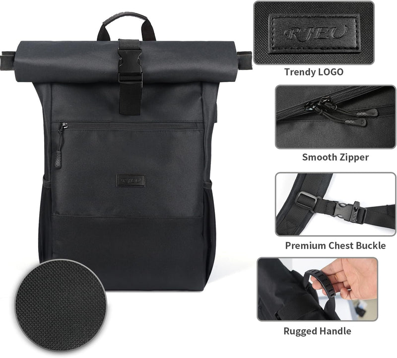 RJEU Laptop Rucksack für 17 Zoll,Rolltop Rucksack Herren Damen,Laptoptasche mit USB-Ladebuchse für S