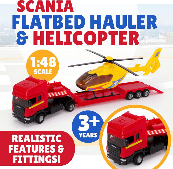 Toyland® Scania Pritschenschlepper mit Hubschrauber - Massstab 1:48 - Freilauf - Transportspielzeugs