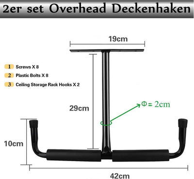 Garage Schwerlasthaken Gummiert Deckenmontag, 2er Set Autoreifen Deckenhaken Schwarz Stahl Doppelt S