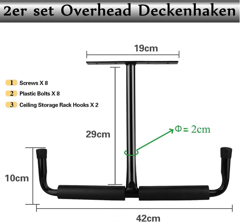 Garage Schwerlasthaken Gummiert Deckenmontag, 2er Set Autoreifen Deckenhaken Schwarz Stahl Doppelt S