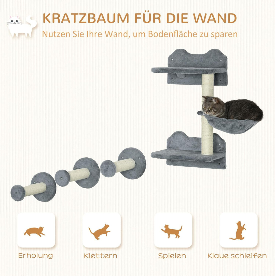 PawHut Katzen Kletterwand, 4-teilig, Katzenkletterwand, inkl. 1 x Sprungturm, 3 x Kratzbäume, Klette