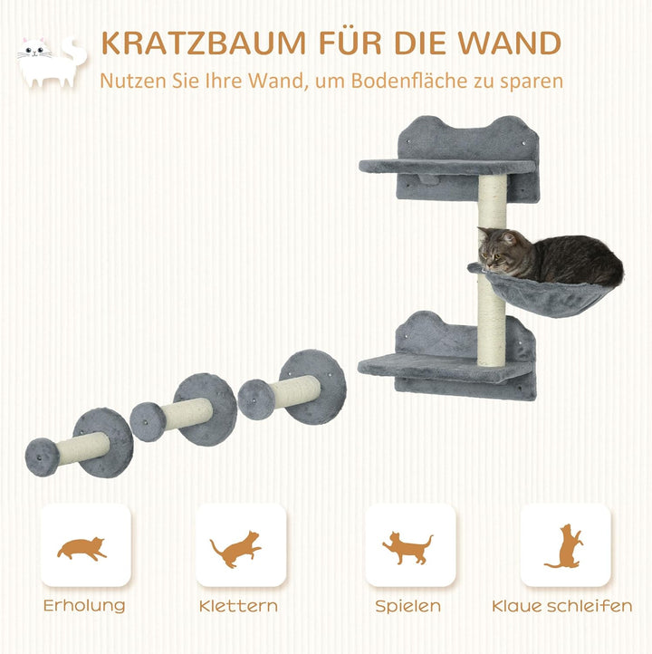 PawHut Katzen Kletterwand, 4-teilig, Katzenkletterwand, inkl. 1 x Sprungturm, 3 x Kratzbäume, Klette