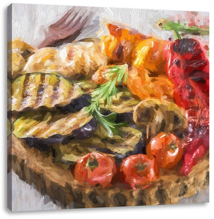 Pixxprint gegrilltes Gemüse auf Baumstammteller, Format: 70x70 als Leinwandbild, 70x70
