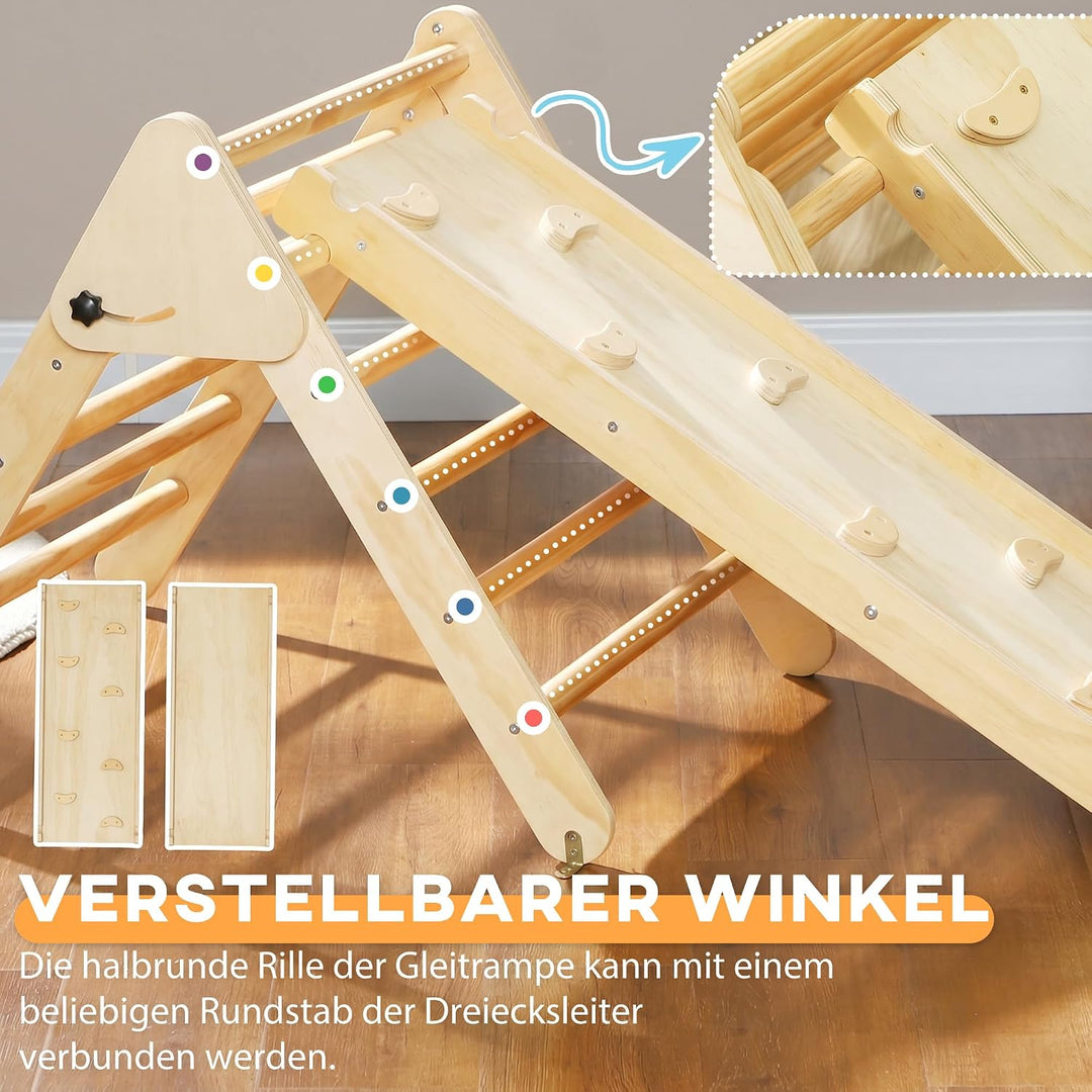 AIYAPLAY 2-in-1 Montessori Klettergerüst aus Naturholz Indoor Kletterdreieck mit Rutsche Indoor Spie