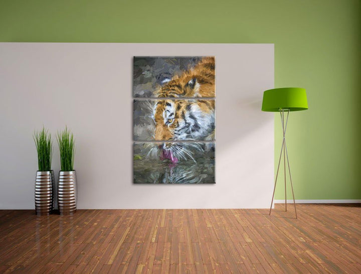 Tiger am Wasser Spezial 3-Teiler Leinwandbild 120x80 Bild auf Leinwand, XXL riesige Bilder fertig ge