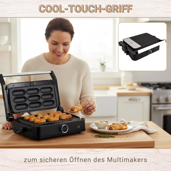 Syntrox Brezel Nugget Kombigerät Multifunktionsmaker mit Wechselplatten, Kontaktgrill Edelstahl, Mul