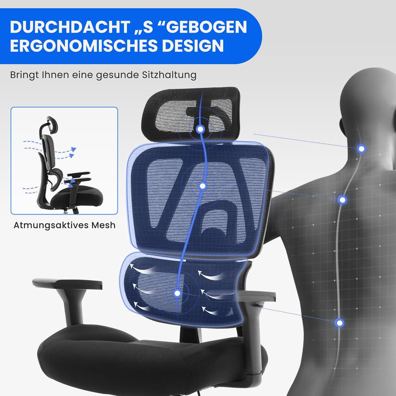 Fantasylab 3D Ergonomischer Bürostuhl 200KG Grosser und hoher Bürostuhl mit 3D Weiches Kissen 4D Arm