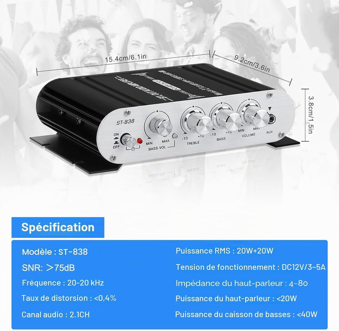 HiFi Audio Verstärker,2.1CH Stereo Verstärker,RMS 20Wx2+40W ST-838 mit Subwoofer Ausgang KlasseD Min